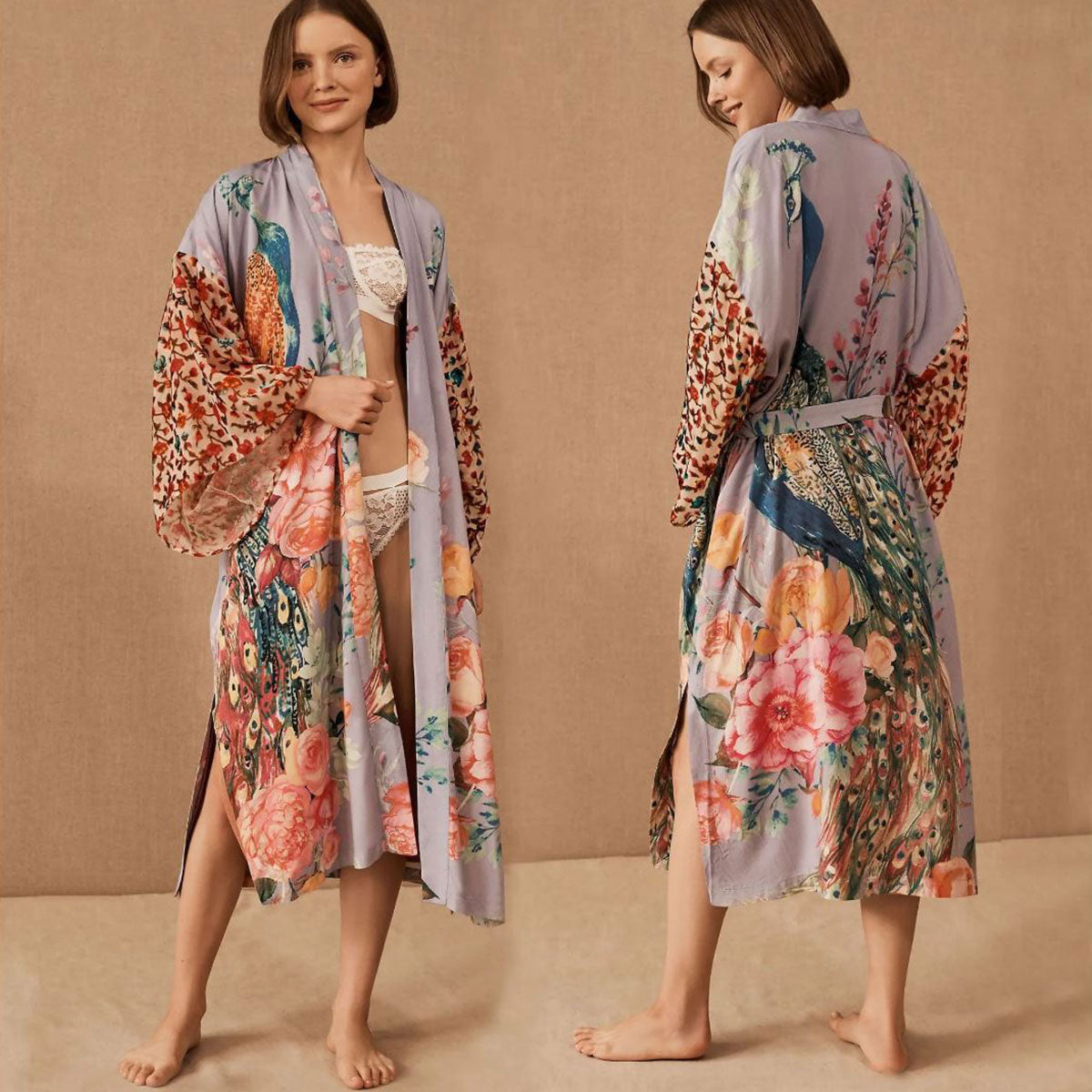 Peacock Dream Boho Floral Print Midi Robe