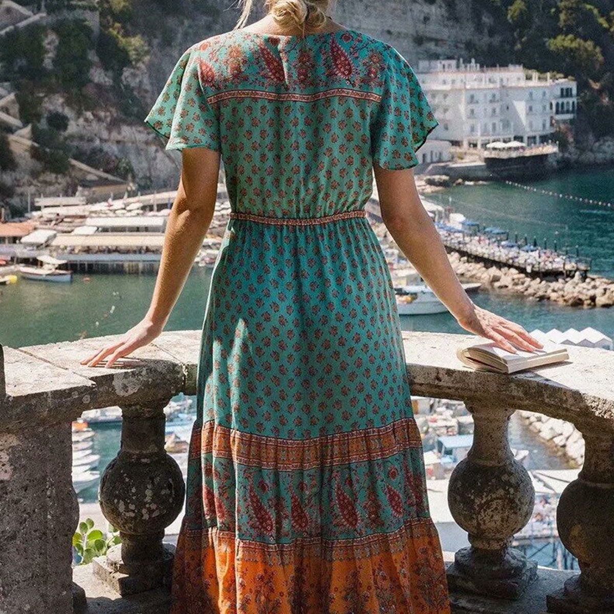 Sea Mist Boho Floral Print Midi Dress