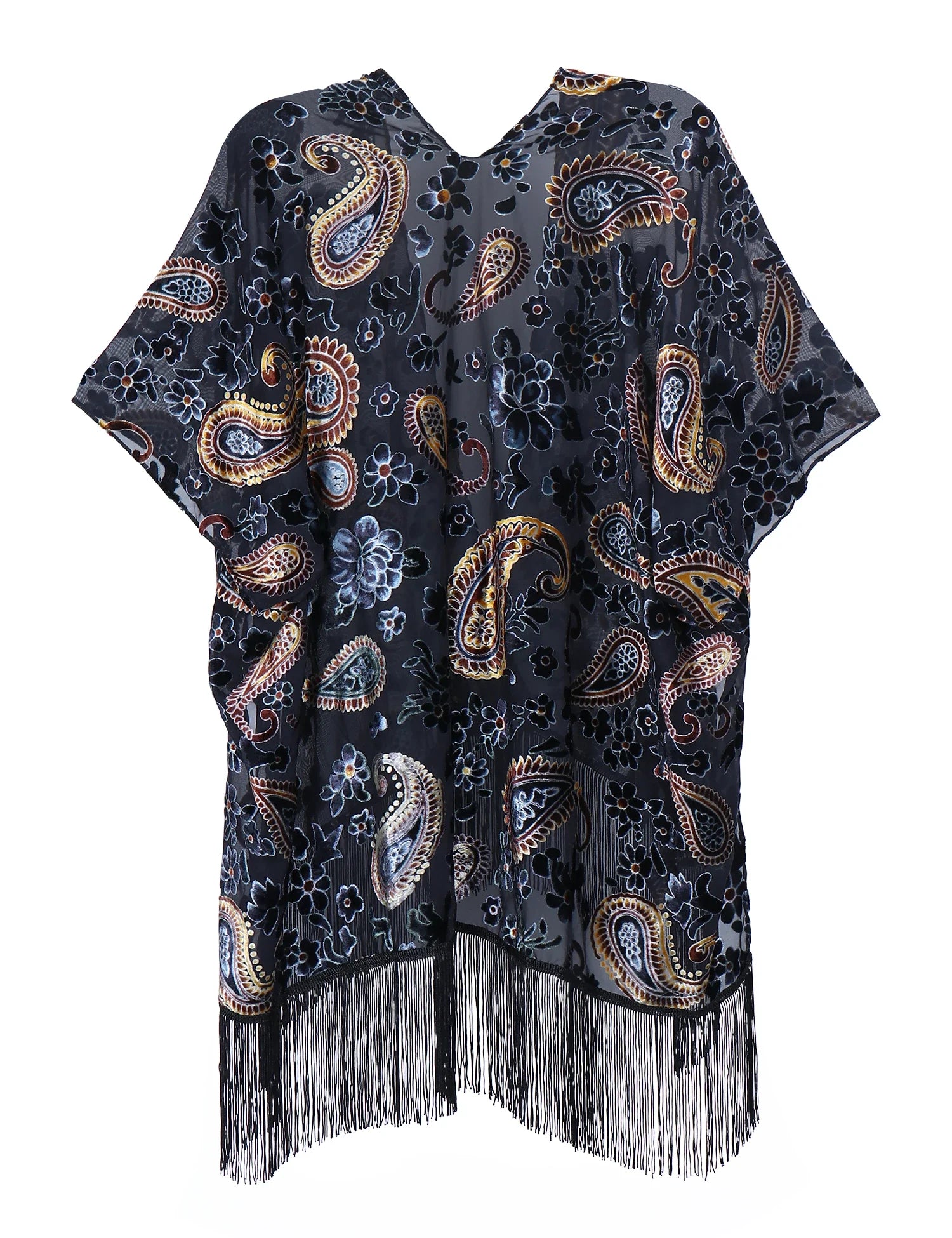 Ravenwood Floral Burnout Velvet Fringe Kimono