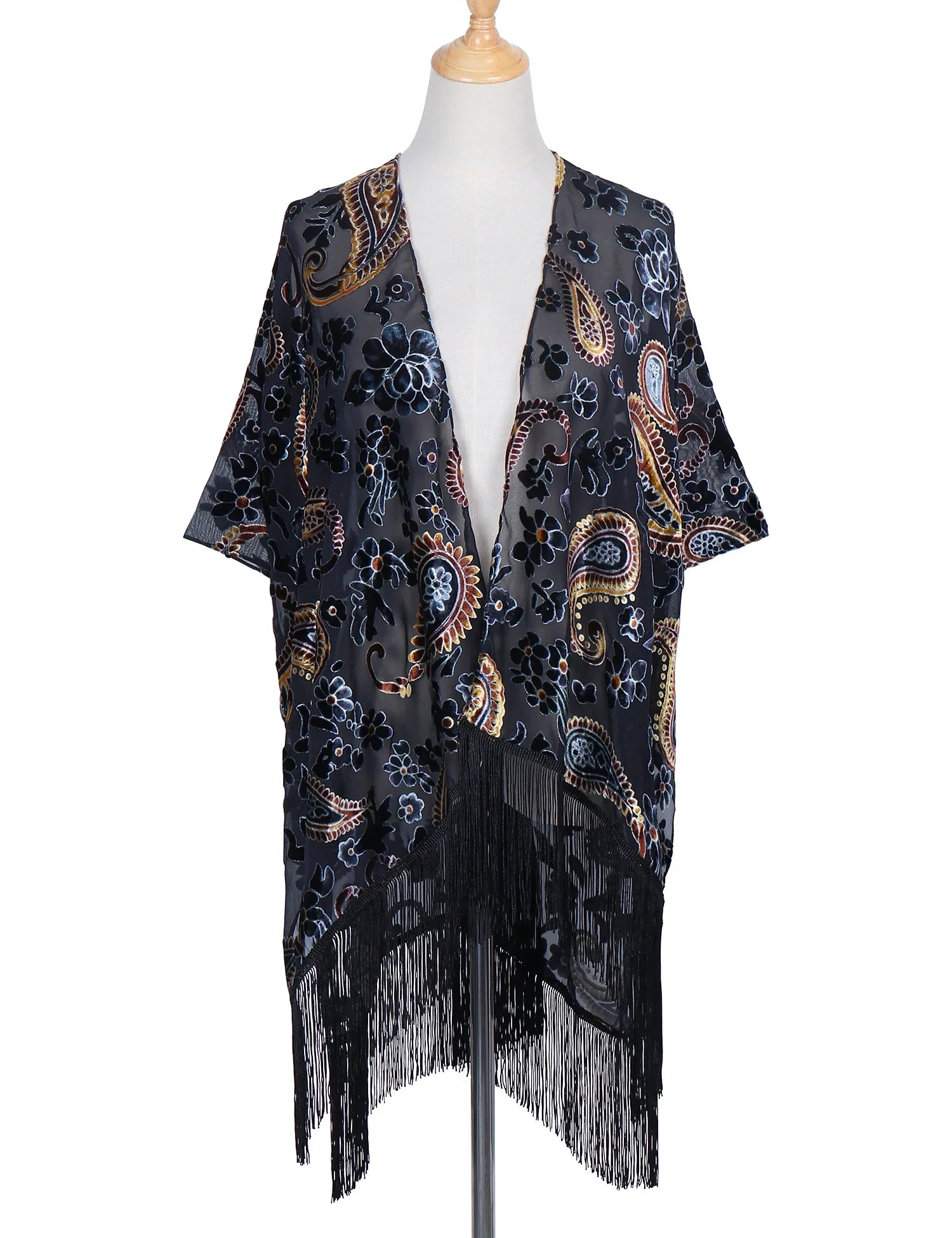 Ravenwood Floral Burnout Velvet Fringe Kimono