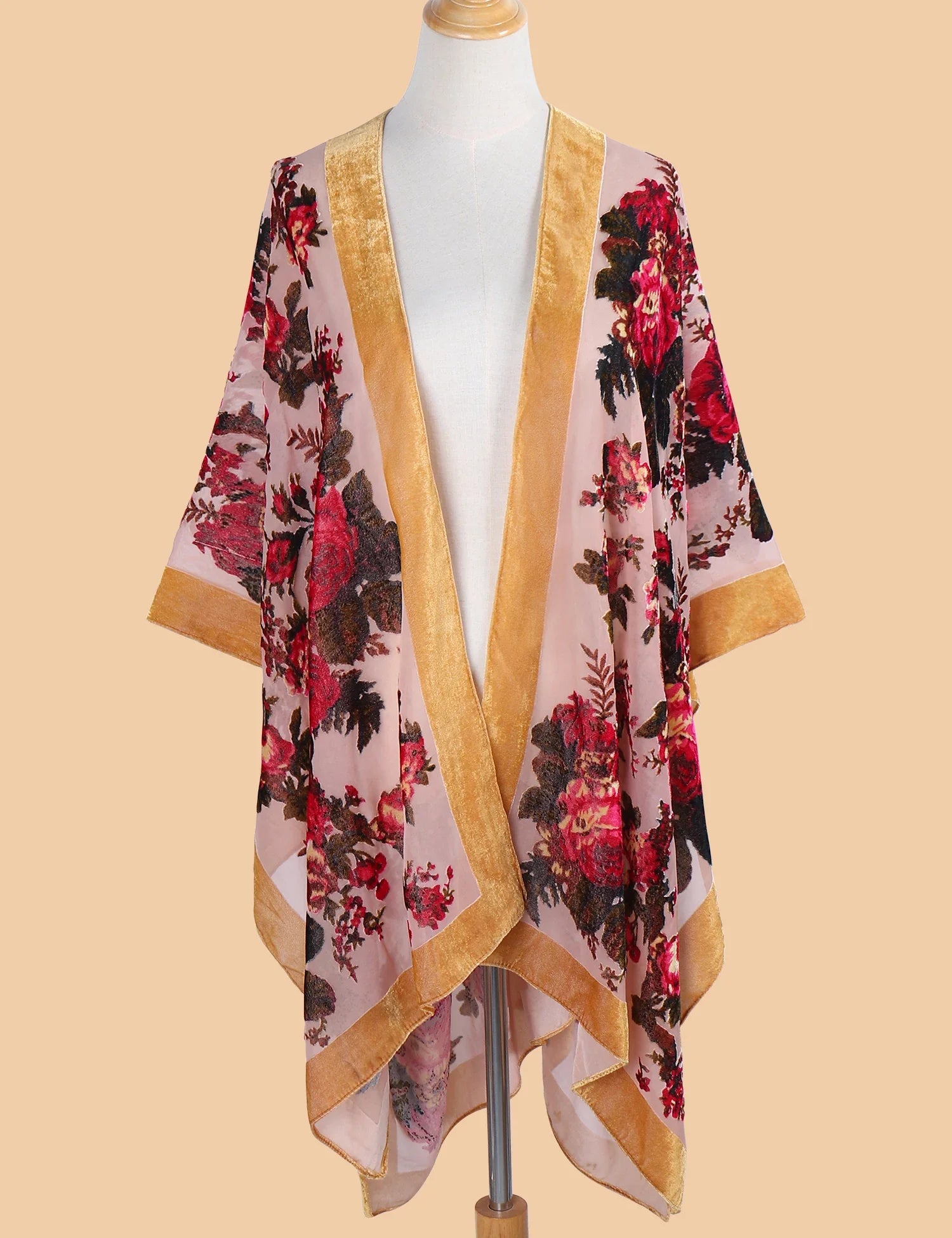 Sunlit Rose Floral Print Velvet Burnout Kimono