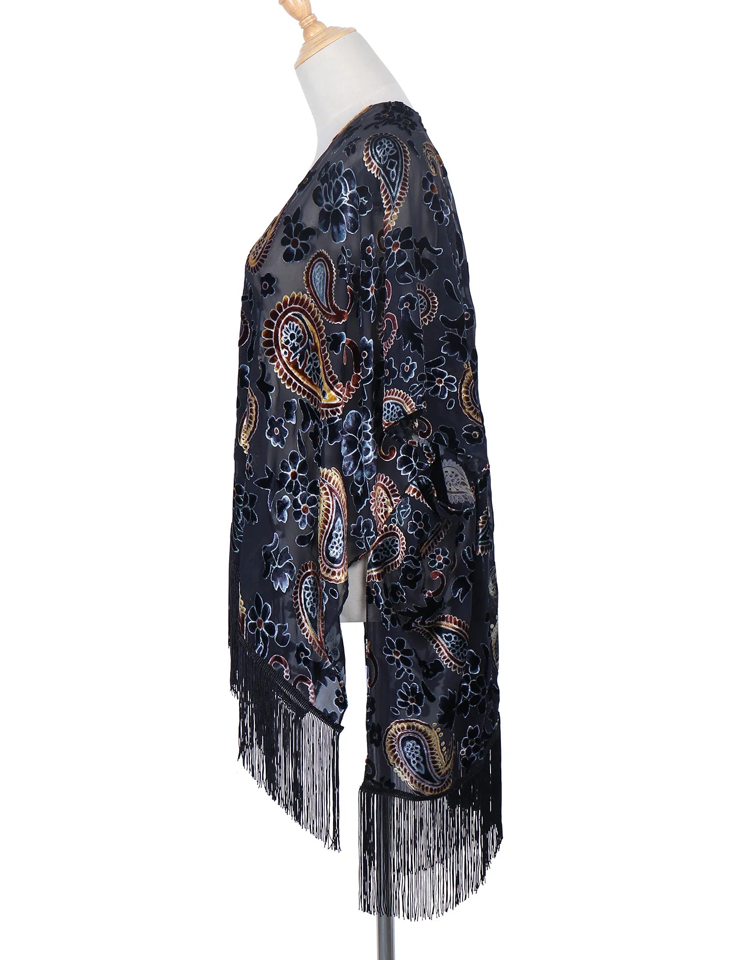 Ravenwood Floral Burnout Velvet Fringe Kimono