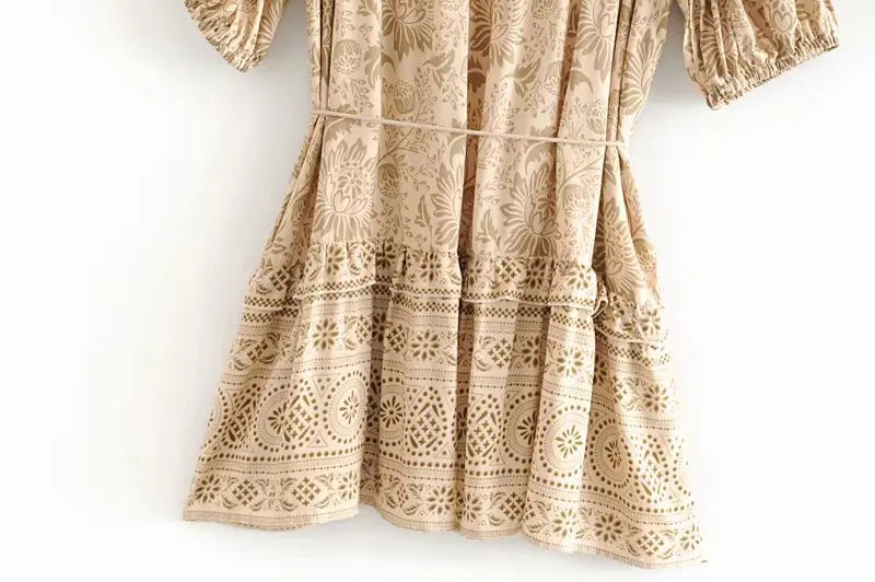 Desert Khaki Boho Floral Print Mini Dress