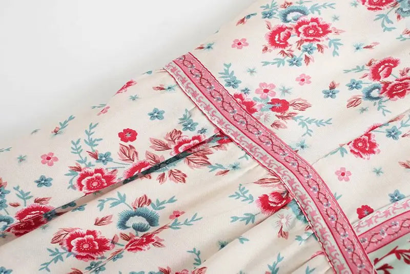 Red Rose Garden Boho Floral Print Maxi Dress