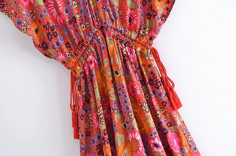 Calypso Berry Floral Boho Floral Print Midi Dress