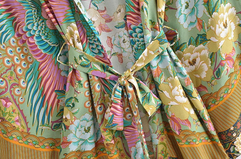 Jade Peacock Boho Floral Print Short Robe