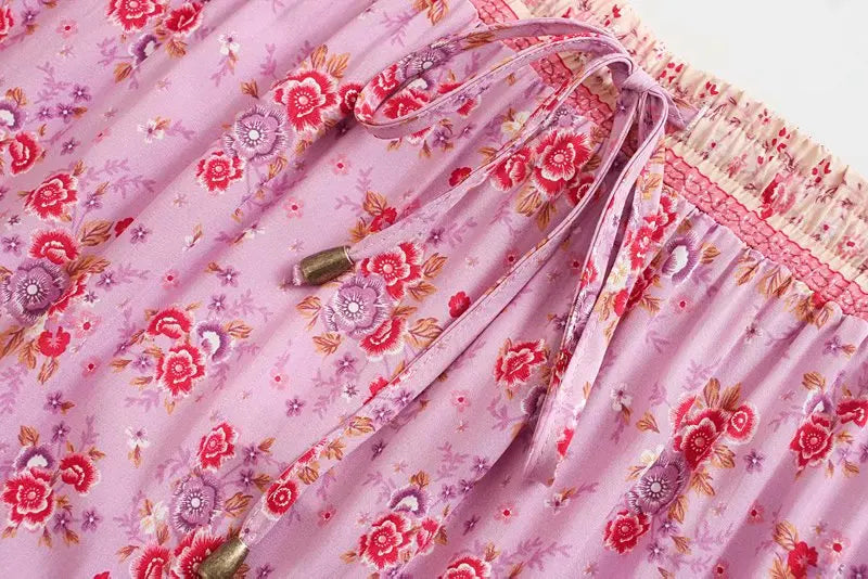 Pink Rosebud Boho Floral Print Midi Skirt