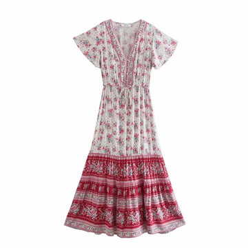 Red Rosebud Boho Floral Print Maxi Dress