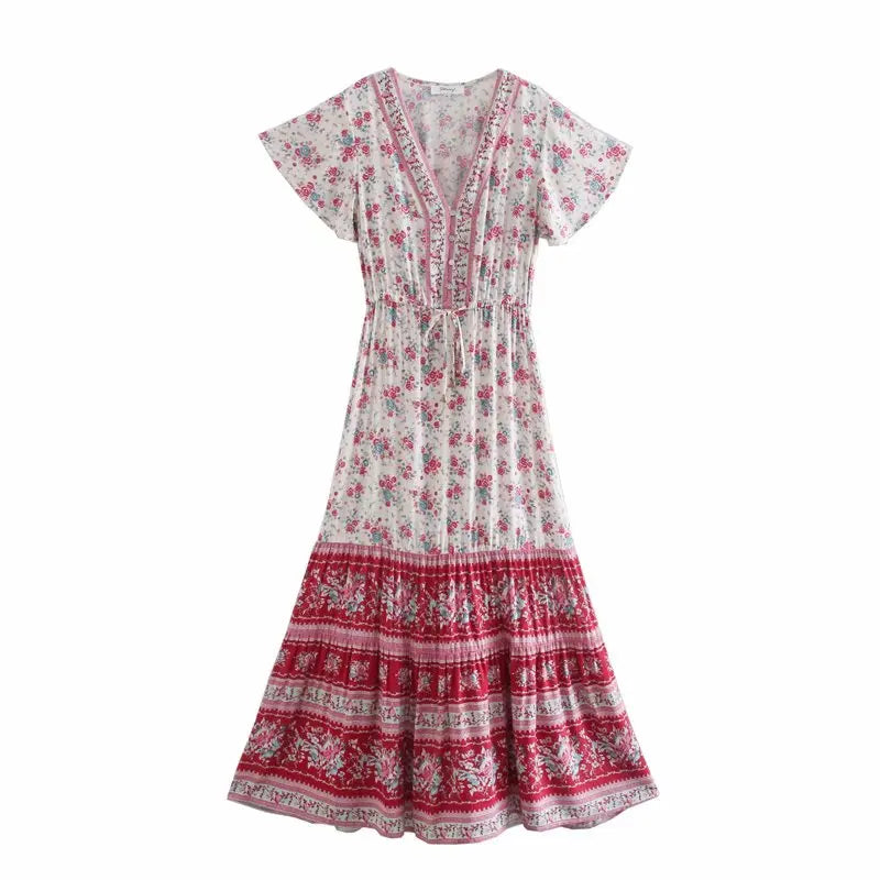 Red Rosebud Boho Floral Print Maxi Dress