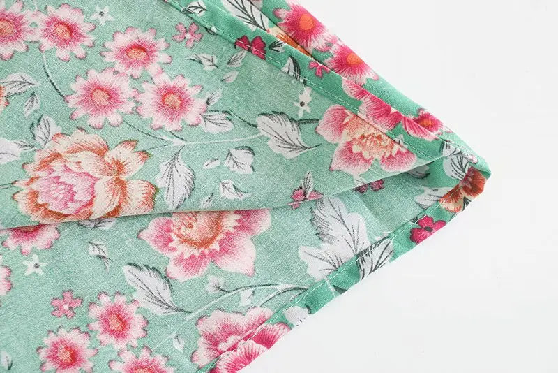 Mint Rosebud Boho Floral Print Midi Skirt