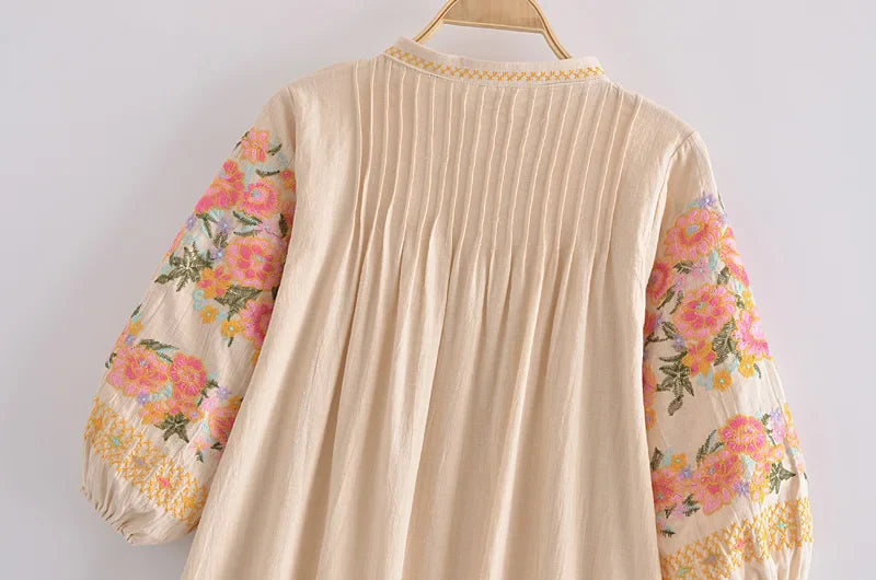 Blush Meadow Boho Floral Embroidered Mini Dress