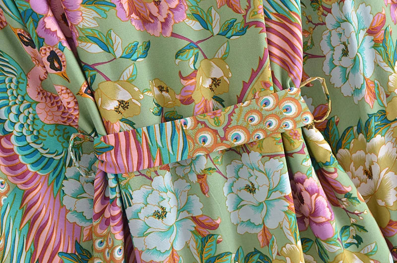 Jade Peacock Boho Floral Print Short Robe