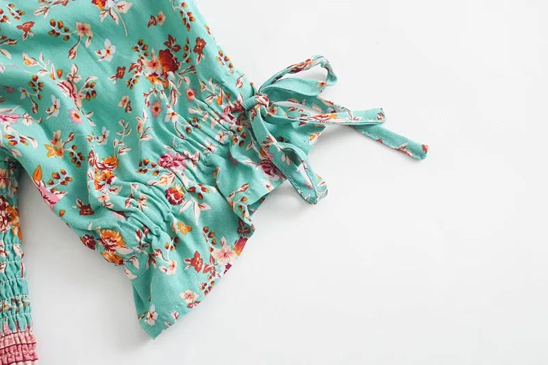 Green Floral Fantasy Boho Floral Print Mini Dress
