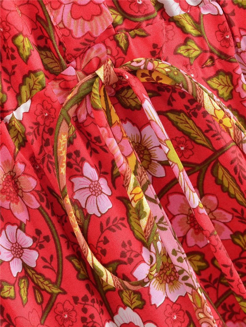 Strawberry Rose Boho Floral Print Midi Dress