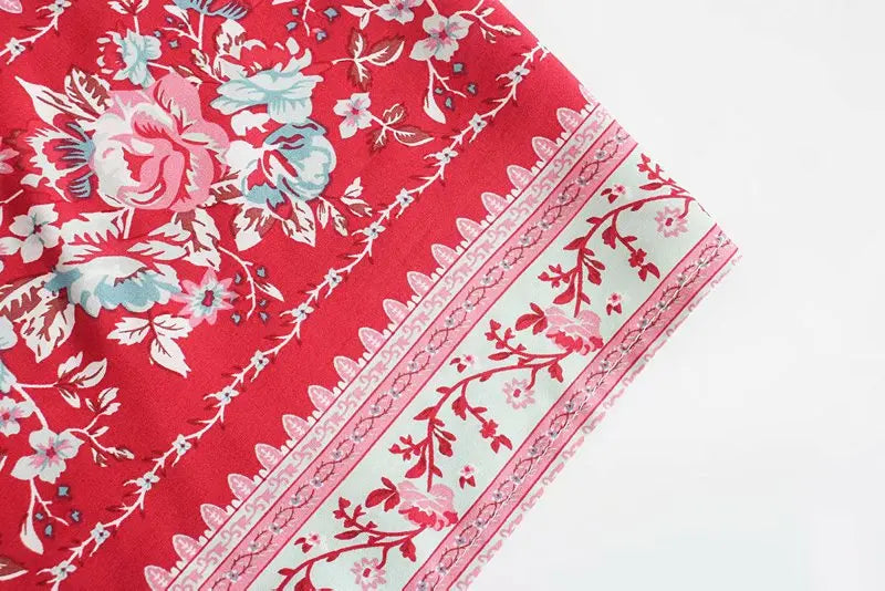 Red Rose Garden Boho Floral Print Maxi Dress