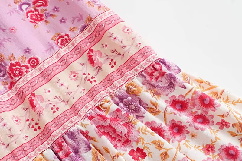 Pink Rosebud Boho Floral Print Midi Skirt