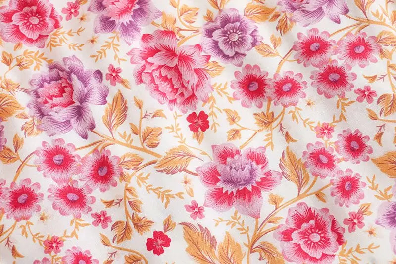 Pink Rosebud Boho Floral Print Midi Skirt