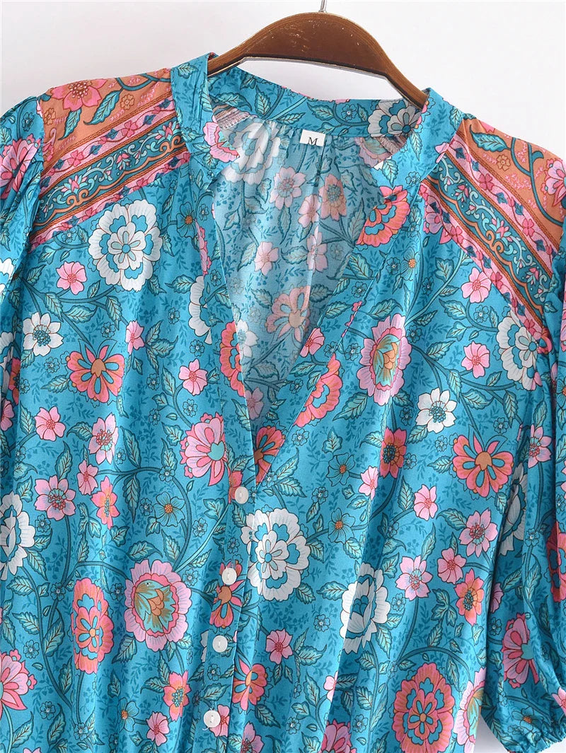 Blue Bouquet Boho Floral Print Midi Dress