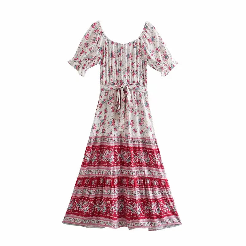 Red Rose Garden Boho Floral Print Maxi Dress