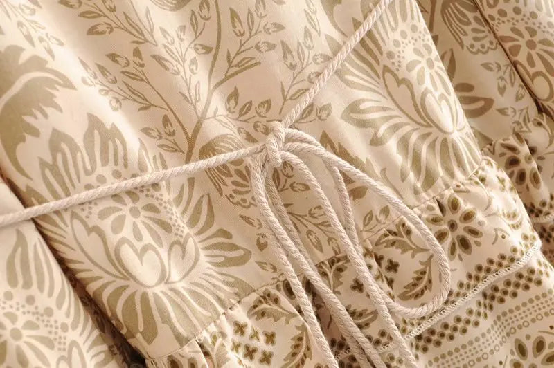 Desert Khaki Boho Floral Print Mini Dress
