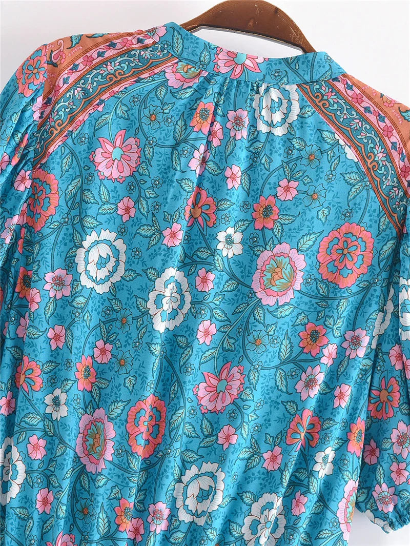 Blue Bouquet Boho Floral Print Midi Dress