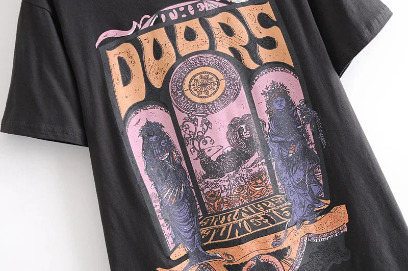Black Retro-Inspired Boho Chic Graphic Tshirt