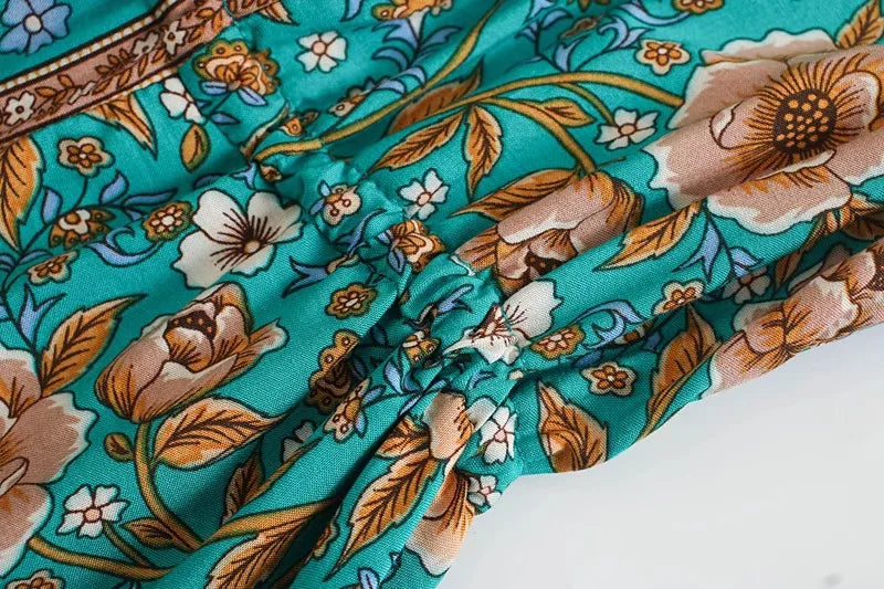 Jade Garden Boho Floral Print Mini Dress