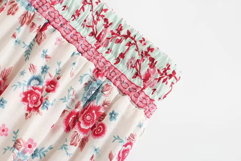 Red Rosebud Boho Floral Print Midi Skirt