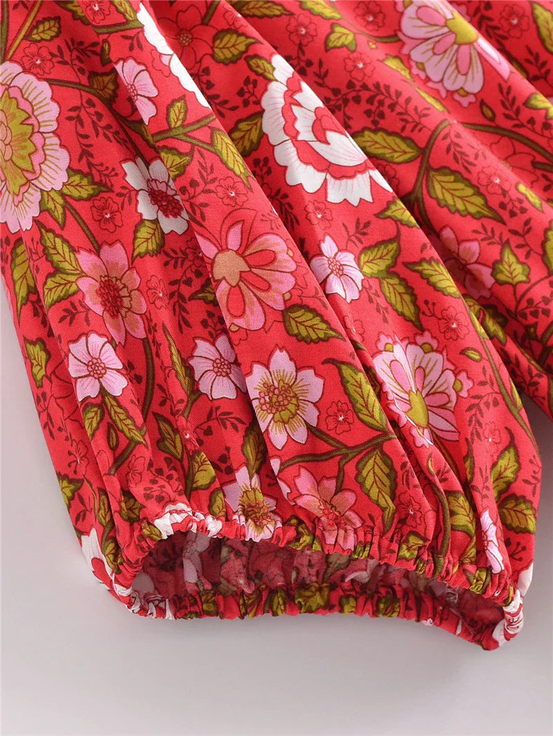 Strawberry Rose Boho Floral Print Midi Dress