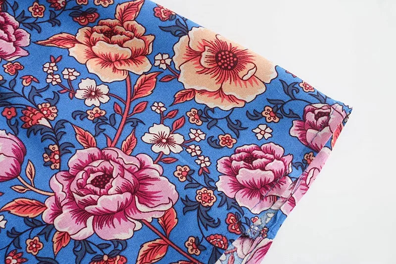 Sapphire Garden Boho Floral Print Mini Dress