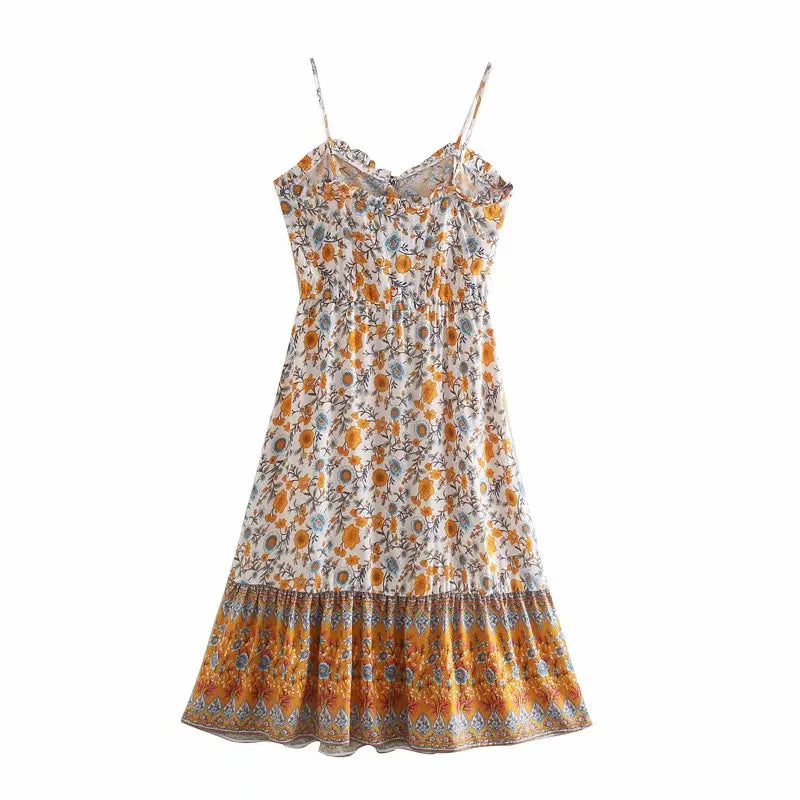Sunset Bloom Boho Floral Print Midi Dress