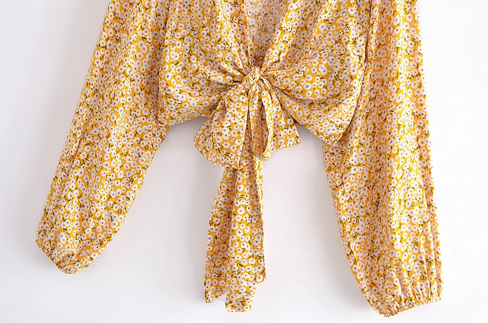 Golden Bloom Boho Floral Print Long Sleeve Crop Top