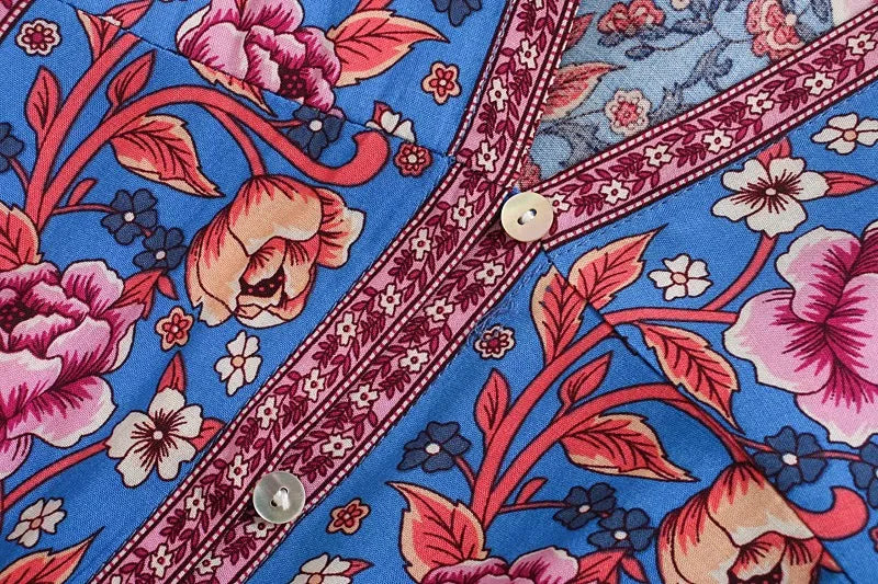 Sapphire Garden Boho Floral Print Mini Dress