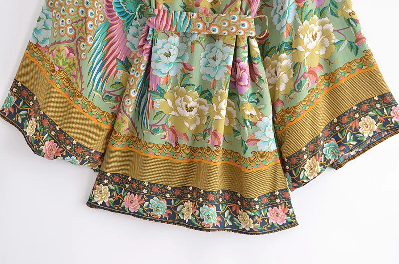 Jade Peacock Boho Floral Print Short Robe