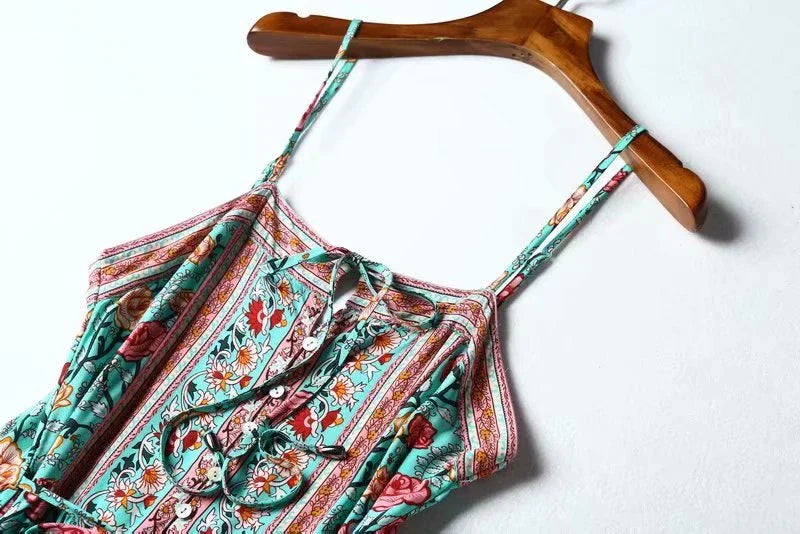 Ocean Jewel Boho Floral Print Midi Dress