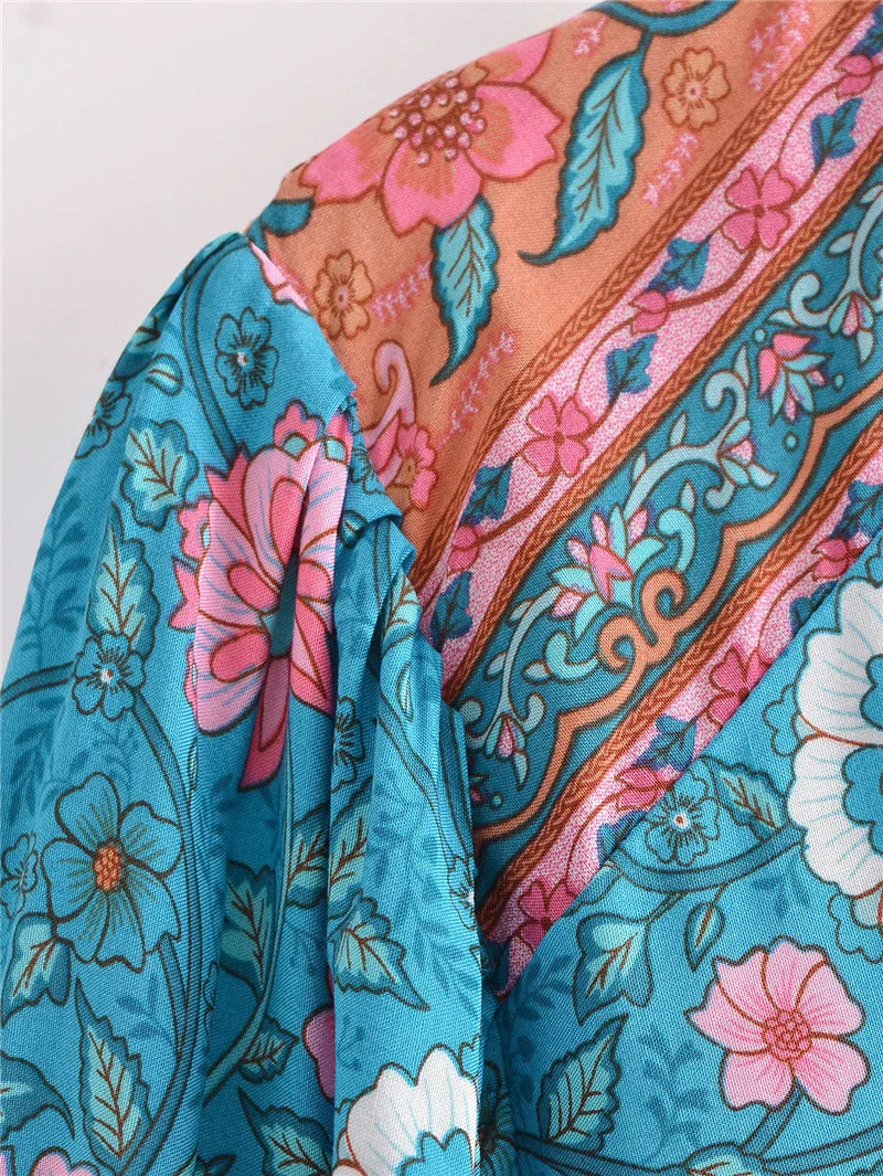 Blue Bouquet Boho Floral Print Midi Dress