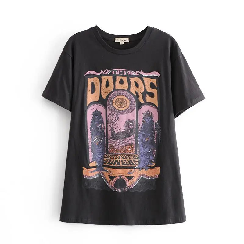 Black Retro-Inspired Boho Chic Graphic Tshirt