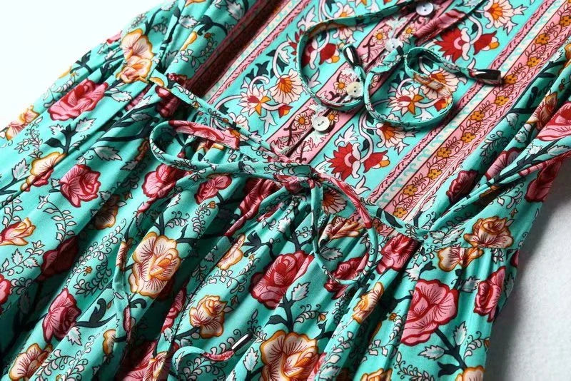 Ocean Jewel Boho Floral Print Midi Dress