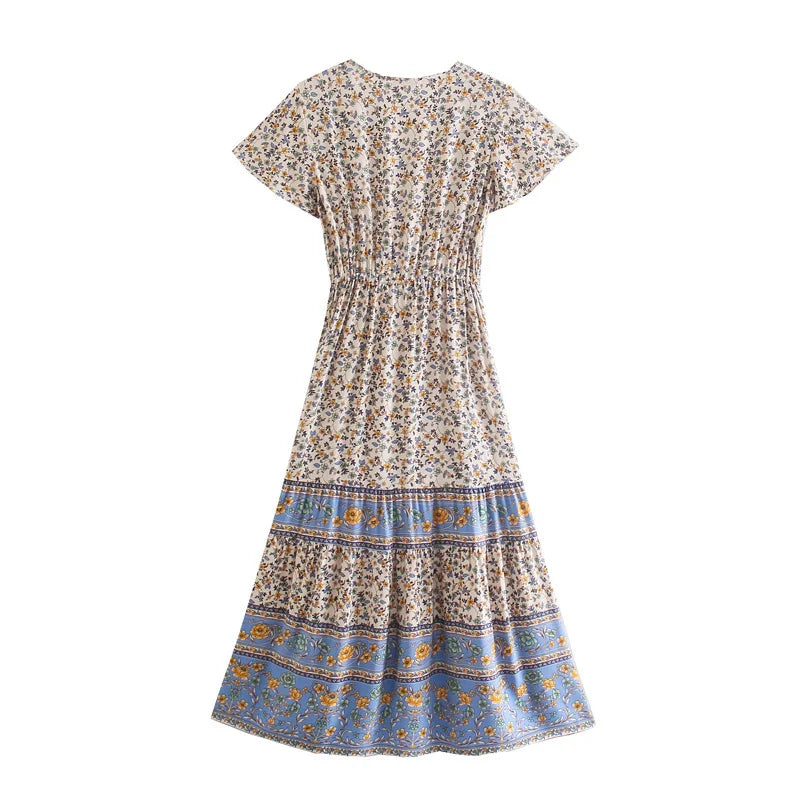 Blooming Meadow Boho Floral Print Midi Dress