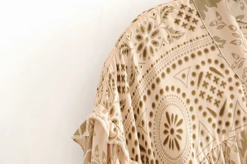 Desert Khaki Boho Floral Print Mini Dress