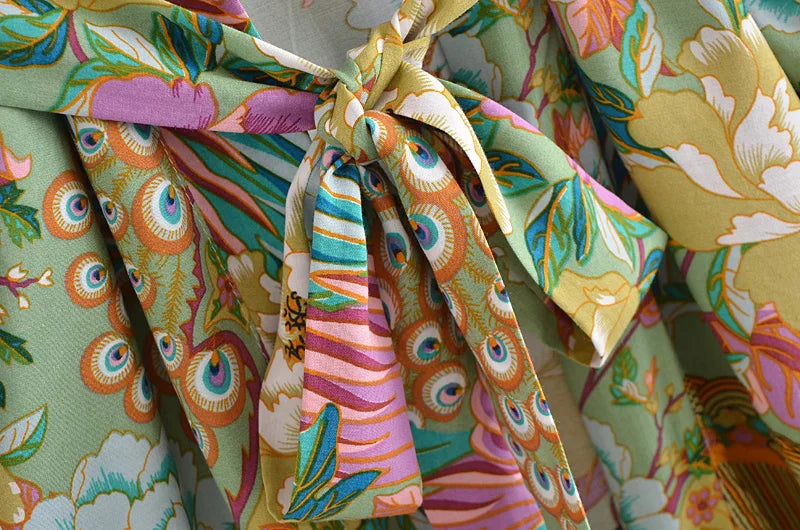 Jade Peacock Boho Floral Print Short Robe