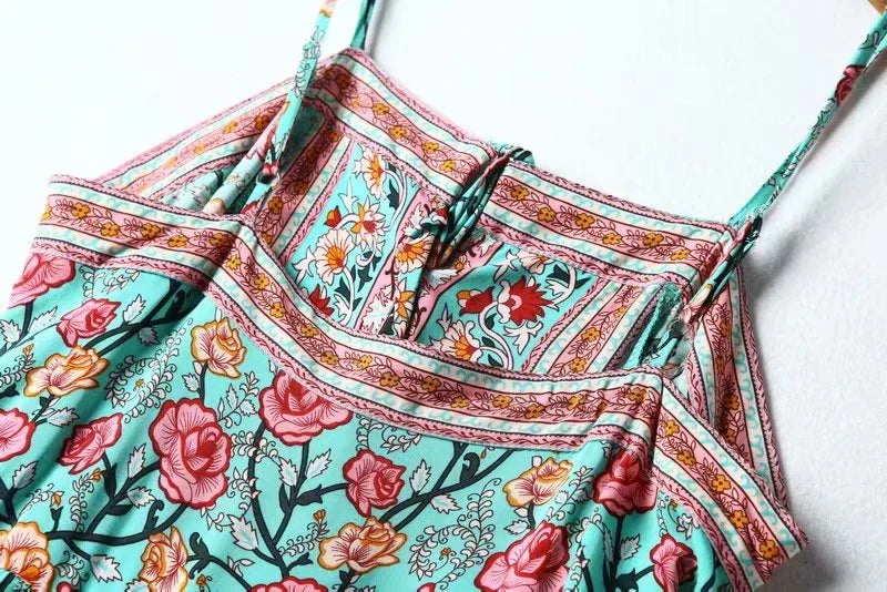 Ocean Jewel Boho Floral Print Midi Dress