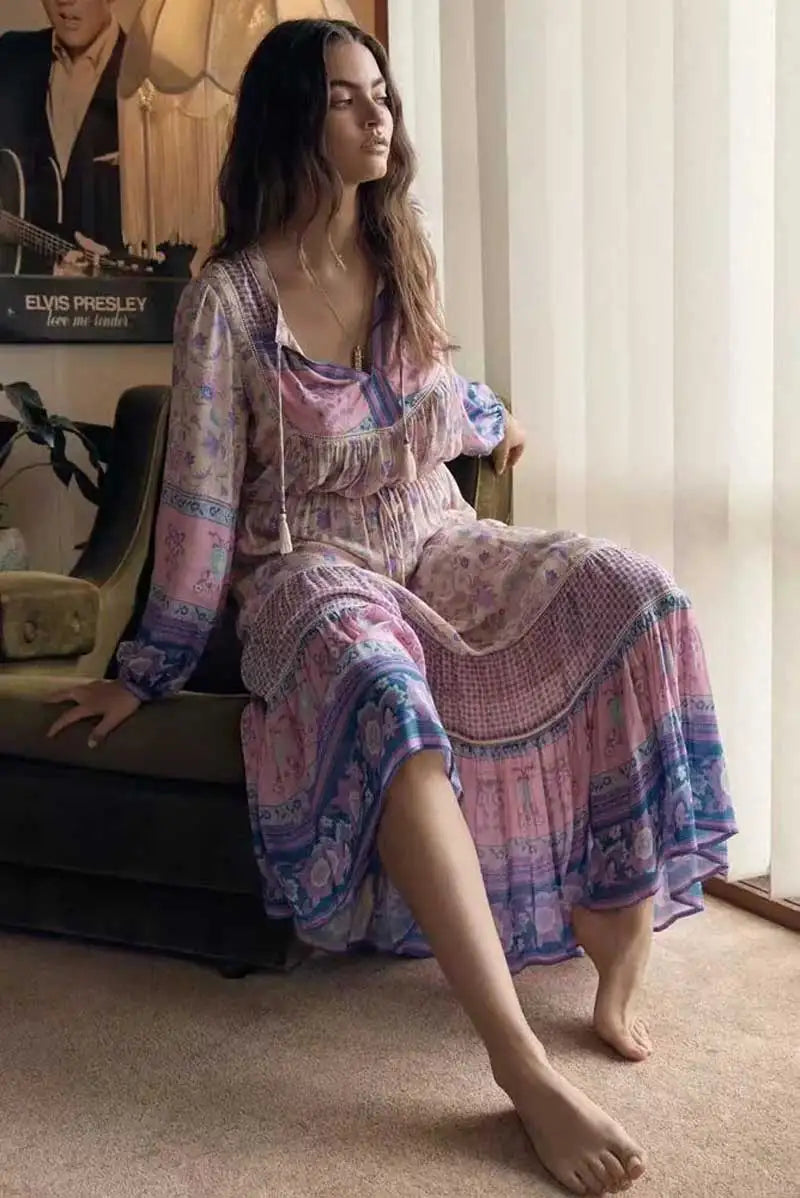 Lavender Falls Floral Print Boho Maxi Skirt