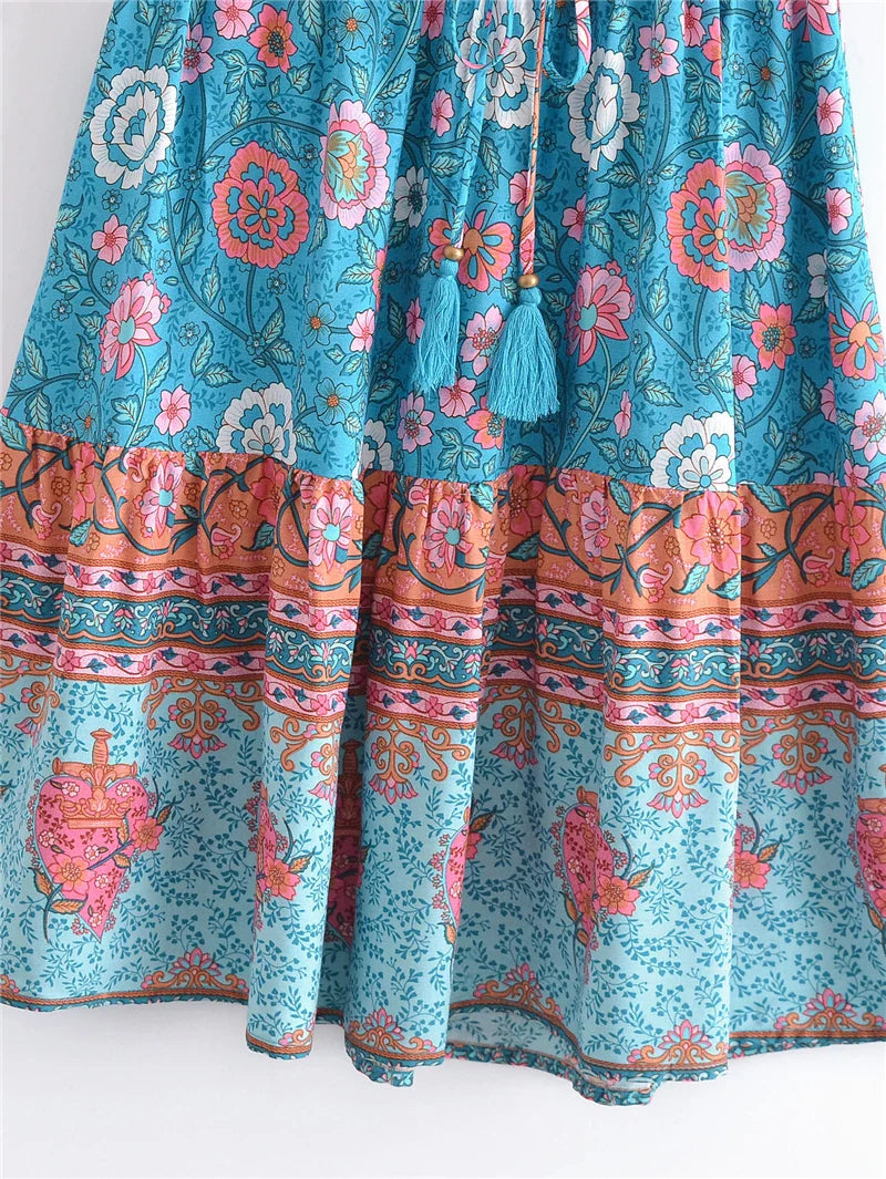 Blue Bouquet Boho Floral Print Midi Dress