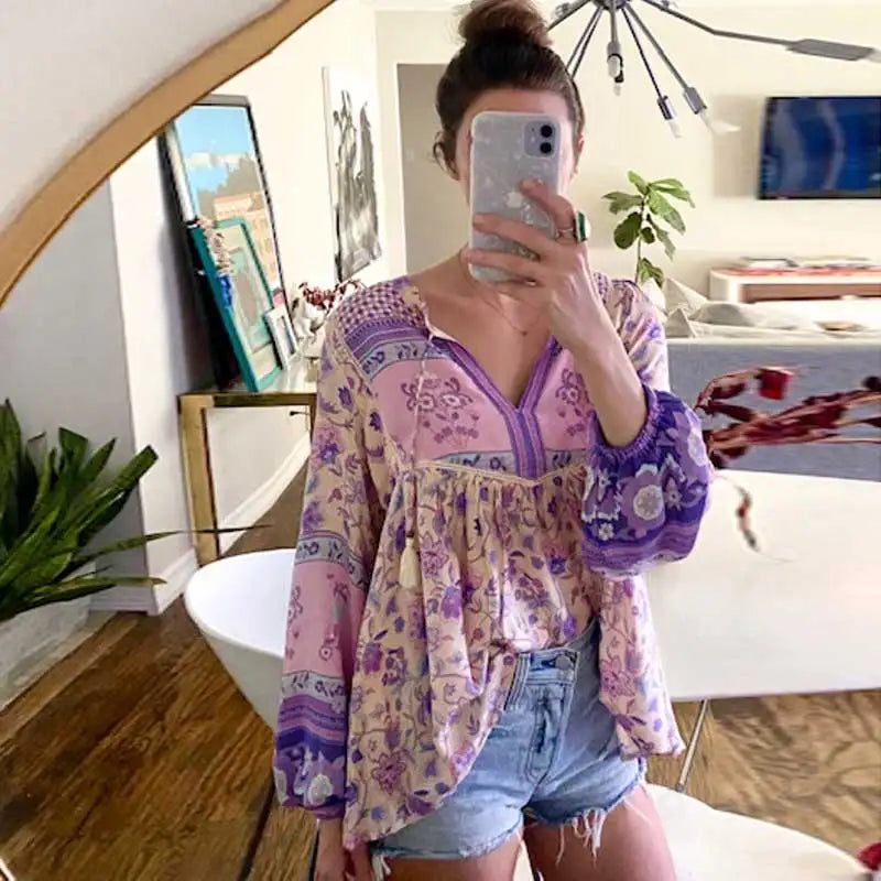 Lavender Falls Boho Floral Print Long Sleeve Blouse