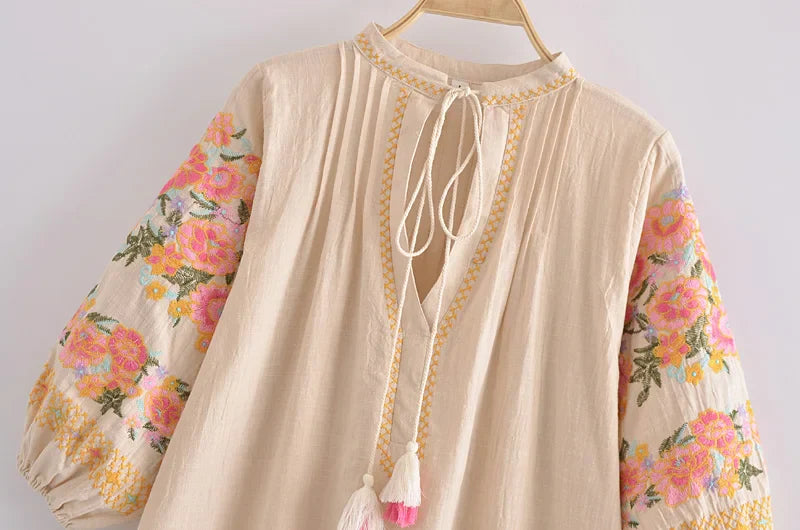 Blush Meadow Boho Floral Embroidered Mini Dress
