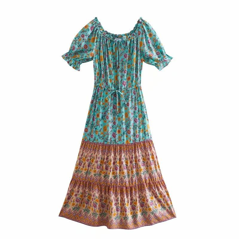 Serene Teal Boho Floral Print Midi Dress