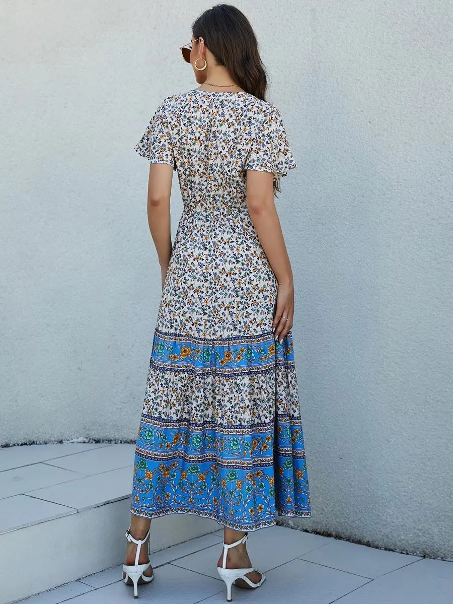 Blooming Meadow Boho Floral Print Midi Dress