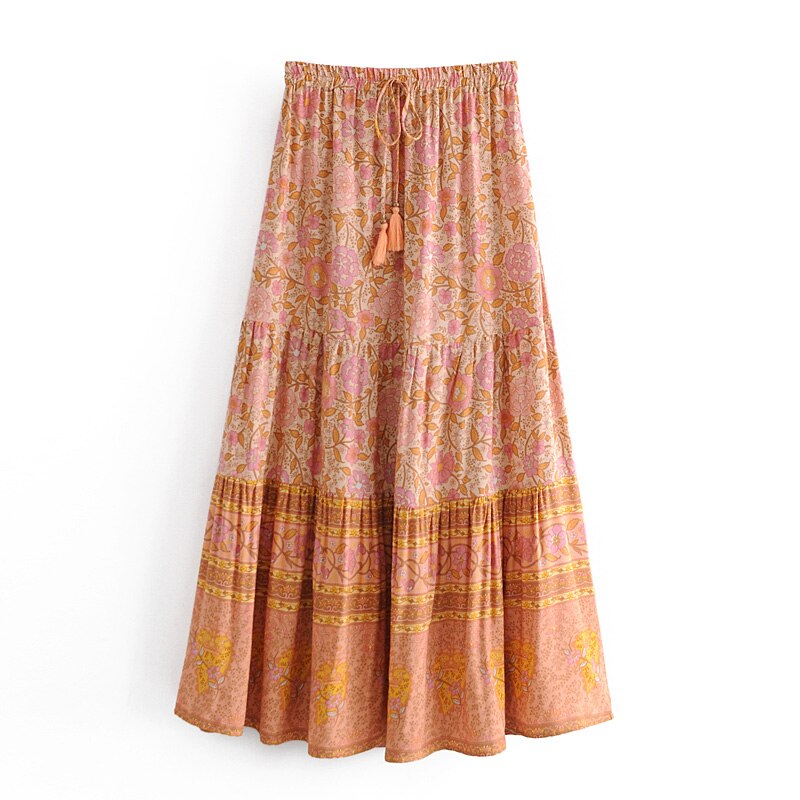Monticello Rose Boho Floral Print Maxi Skirt