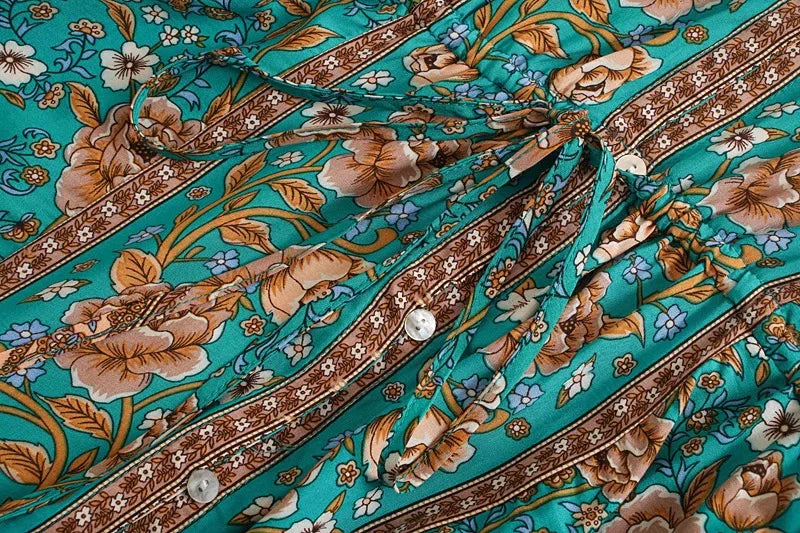 Jade Garden Boho Floral Print Mini Dress